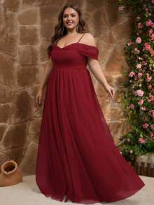 Plus Tulle Off The Shoulder Dress For Wedding Guest Evening Party - Red - View 8