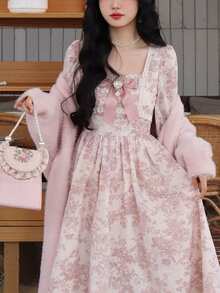 Women's Pink Floral Lace Patchwork Square Neck Long Sleeve Maxi Dress, Ruffle Hem, Detachable Bow, High Waist Slim Dress, Elegant Dress For Dating, Party, Vacation, Easter Outfit, Women's Summer Clothes - Hồng - Xem 8
