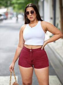 Women's Mid Rise High Stretch Denim Shorts - Light Blue Washed Slim Fit Butt Lifting Hot Pants, American Retro Y2K Style For Daily Wear & Music Festival - Màu Đỏ Sâu - Xem 6