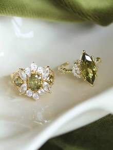 2pcs Elegant Luxury Geometric Floral Teardrop Design Fully Paved Cubic Zirconia French Palace Style Rings Set, Fashionable Personalized High-End Copper Open Rings For Women, Suitable For Vacation, Events, Parties - Golden Yellow+Green - View 2