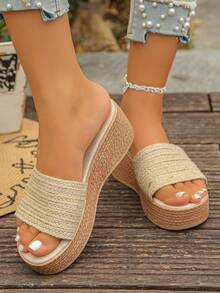 1 đôi sandal cao gót mùa hè dành cho tuổi teen, dây thừng gai dệt màu trơn thời trang, thiết kế tối giản, dép đế xuồng dày dặn, nhẹ và thoải mái, thích hợp cho sử dụng hàng ngày, kỳ nghỉ, dạo chơi, du lịch, đi biển. - Màu be - Xem 7