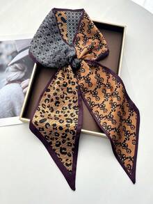 1条双面纯色围巾，马链印花，女士缎面领巾，可搭配连衣裙、短裤、腰带、包包、帽子、丝带腰带 - 焦糖豹紋 - 查看 1