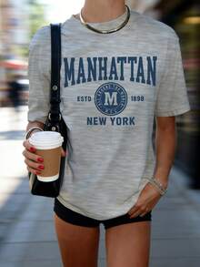 Summer New Simple Fashion American Manhattan Letter Badge Print Casual Round Neck Grey Short Sleeve T-Shirt, Fashionable & Versatile Women Top - Light Gray - View 2