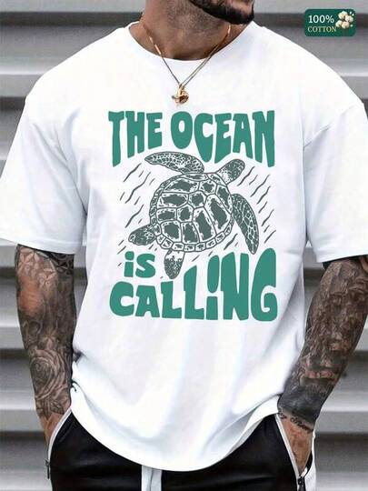 100% Cotton Unisex The Ocean Is Calling Turtle Graphic T-Shirt, Round Neck Short-Sleeve Basic Tees, Summer Men's Tops, Casual Loose Fit Graphic Crop Tops For Men, Lightweight Soft Cotton Tees For Beach, Outdoor, Daily Wear,  And Comfortable Summer Fashion Graphic Tee Tops Shirts Funny T Shirt Breathable Cotton Crew Neck T-Shirt, Designed For Outdoor Life, Journeys, Hiking Trails, And Everyday Relaxed Style