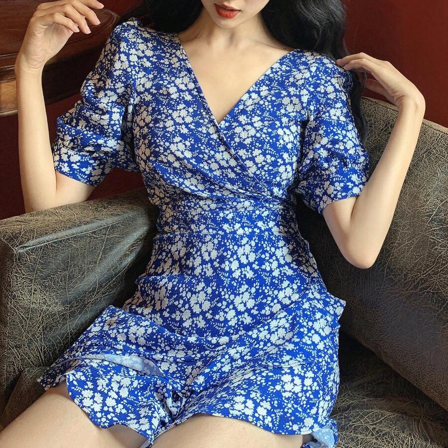 Elegant All-Over Print Chiffon Criss-Cross Zipper Ruffle Jumpsuit, Suitable For Vacation, Daily Wear, Date, Travel, Summer - Blue - View 1