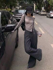 Women's Casual & Commuting Korean Style Asymmetrical Open Shoulder Drawstring Ruched Long Sleeve T-Shirt, Spring/Autumn - Grey - View 4