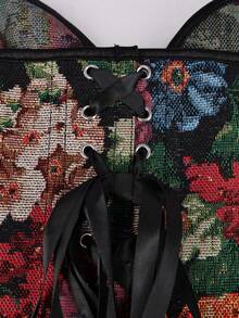 Apperloth A Top corto con estampado floral dorado vintage para mujer, con aros, bajo curvo, cierre con lazo, prenda moldeadora tipo bandeau para fiestas, atuendo de discoteca, disfraz de Halloween - Flor - Ver 7