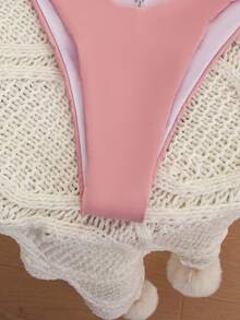 女士浅粉色三角比基尼套装，简约纯色两件式泳衣，适合海滩度假 - 粉色 - 查看 6