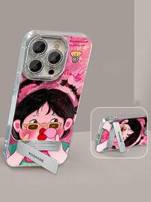 1个电镀闪粉全包卡通女孩手机壳，带3D金属支架，兼容 11/12/13/14/15/16/17/Pro Max - 玫紅色 - 查看 1