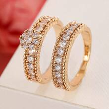 女士两件套铜戒指，优雅复古新娘叠戴戒指，镶嵌闪亮锆石，日常/婚礼首饰，情人节礼物 - 婚禮對戒1 - 查看 35