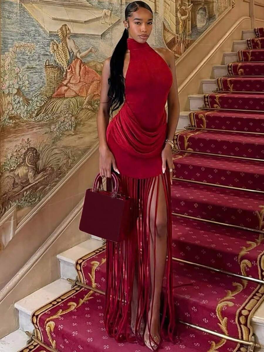 Women's Chic Sleeveless High Neck Fringe Dress With Ruched Detailing, Bodycon Flounce Hem, Perfect For Evening Parties - 紅色 - 查看 1
