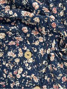 Blusas casuales con decoración plisada, tela tejida con estampado floral de margaritas y ribete de volantes - Azul Marino - Ver 5