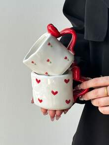1pc Heart-Shaped Ceramic Coffee Mug, Korean Minimalist Ins Style Creative Personalized Ceramic Mug, Heart-Shaped Cup & Bowknot Handle, Handmade Coffee Cup, Suitable For Home, Restaurant, Cafe - Cute, Creative, Personalized Breakfast Cup, Tea Cup, Coffee, Perfect Birthday And Holiday Gift - Multicolor - View 8