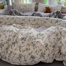 3/4件套田园风被套组，柔软轻盈水洗超细纤维床品，白色底灰色水彩花卉印花，花卉美学床品套装，拉链封口，防污易清洗（1个被套+1个床单+1/2个枕套，不含被芯） - 灰花卉 - 查看 7
