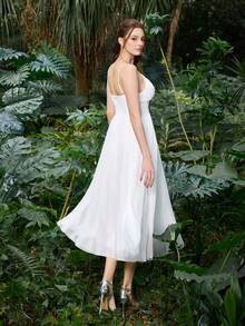 Faeriesty 优雅白色V领荷叶边中长连衣裙 - 高腰A字雪纺夏季连衣裙，适合派对、海滩、度假、婚礼等场合 - 白色 - 查看 6