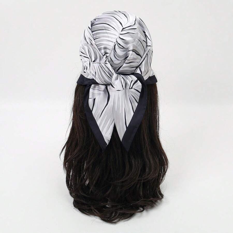 1pc Simple Printed 70cm Square Scarf, New Spring Bandana For Women, Versatile Waist Belt, Bag Decor, Headband, Fashion Neckerchief - Black and White - View 1