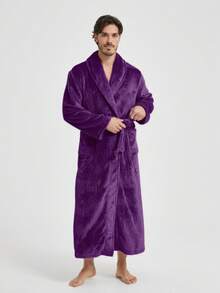 1pc Flannel Couple Robe, Loose Fit, Soft, Dual Pockets, Crew Neck, Warm Lining, Suitable For Home Wear, Spring/Autumn/Winter - Purple - View 5