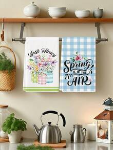 2Pcs Blue White Dish Towels Gingham Spring Bouquet Script Print Tea Towels Farmhouse Easter Breakfast Decor Kitchen Towels - Blue - View 7