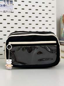 2026 Large Capacity Multi-Pocket Washable Pencil Case, High-Quality Stationery Set With Cute Toy Pendant, Ideal For Students And Campus Use - Black - View 2