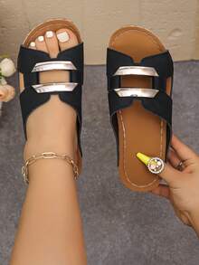 Sandal đế xuồng rỗng bằng kim loại trang trí dành cho nữ cỡ lớn, dép lê quai ngang thời trang, sandal đi biển mùa hè hàng ngày, dép xỏ ngón da PU màu trắng. - màu đen - Xem 2