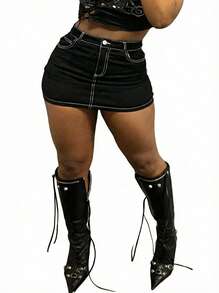 Blazique Minifalda de mezclilla de ajustado para mujer de talla grande - Negro - Ver 1