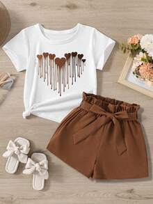 Tween Girl Heart Print Crew Neck Short Sleeve Casual T-Shirt And Shorts Set - White - View 1