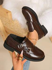 Women's New Fashion Thick Heel Loafers, French Mary Jane Shoes, Metal Buckle Shoes, Retro Round Toe Loafers, New College Style Business Formal Flat Shoes, Spring Autumn Fashion Metal Buckle Slip-On Shoes, Shoes, Black Versatile Slip-On Shoes - Brown - View 1