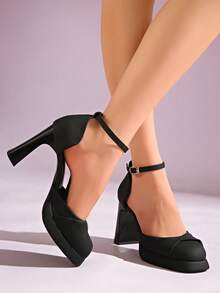 华丽蝴蝶结装饰防水厚底镂空高跟鞋，优雅女士风格 - 黑色 - 查看 8