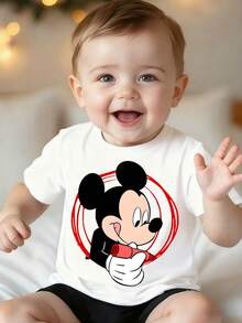Disney White Background Mickey Mouse Playful Side Profile Red Circle Graffiti Style Print Baby Short Sleeve T-Shirt - Playful Casual Top - White - View 1