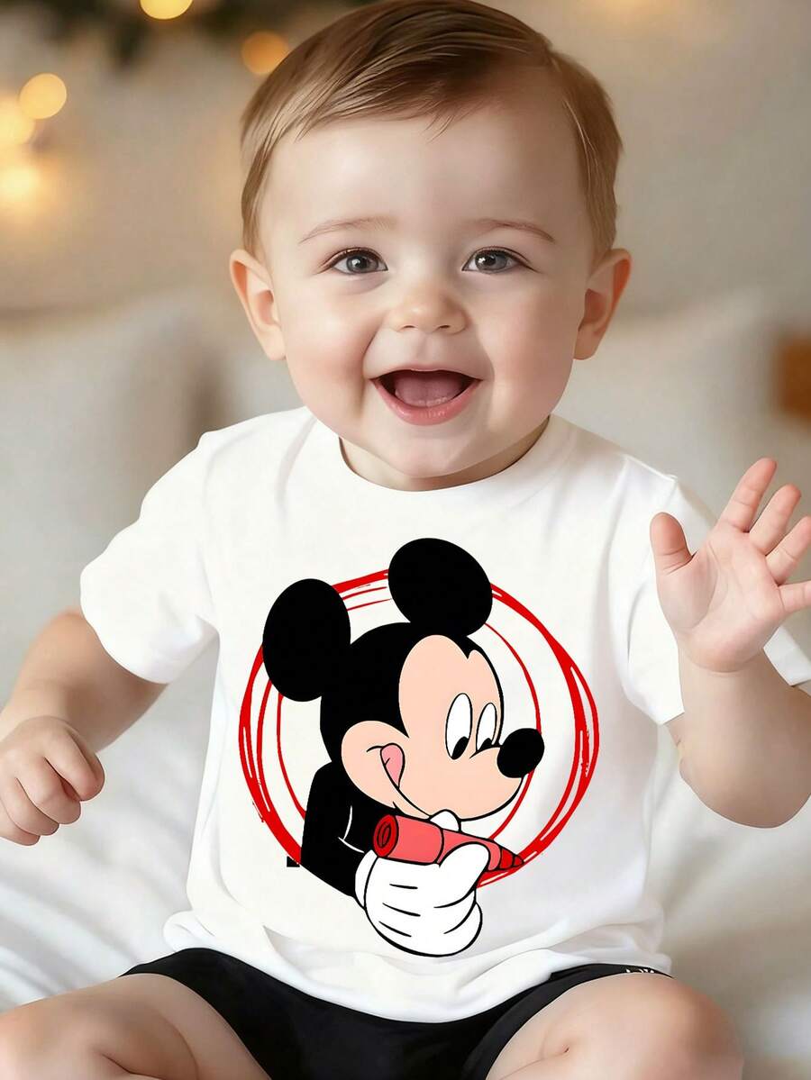 Disney White Background Mickey Mouse Playful Side Profile Red Circle Graffiti Style Print Baby Short Sleeve T-Shirt - Playful Casual Top - White - View 1