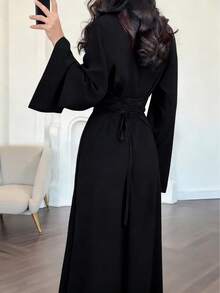 Elegant Women's Black High Neck Dress With Long Flare Sleeves And A-Line Flowy Skirt, Suitable For Party Wear Spring - Black - View 4