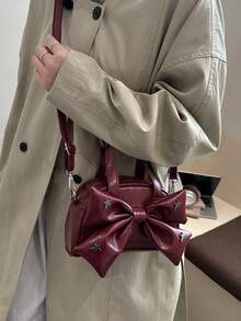 New Vintage Fashion Handbag, Zipper Closure, Lightweight Minimalist, Bow Decor, Adjustable Long Shoulder Strap, Small Capacity Crossbody Bag, Suitable For Women's Daily Life, Casual, Commute, Work, Vacation And Student Use - Burgundy - View 3