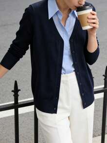 Women's Lightweight V-Neck Cardigan Sweater Solid Color Long Sleeve Slim Fit Jacket - Blue - View 1