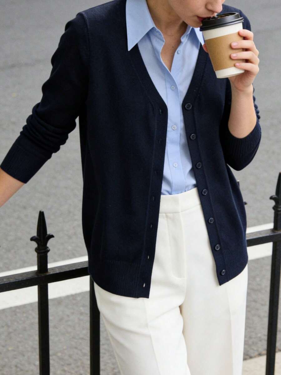 Women's Lightweight V-Neck Cardigan Sweater Solid Color Long Sleeve Slim Fit Jacket - Blue - View 1