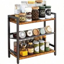 3 - Tier Spice Rack - Industrial Counter Shelf, Desktop Storage Organizer, Standing Seasoning Rack Countertop Kitchen, Office, Living Room, Rustic Brown TLJ021H - 3-tier + Rustic Brown - View 2