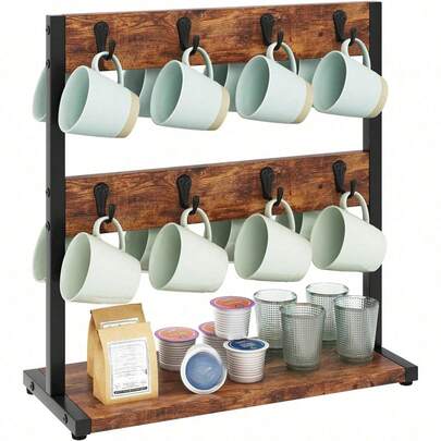 Rustic Coffee Mug Holder Stand, 2 Tier Countertop Mug Tree Holder Rack With Storage Base, Vintage Mug Holders For Kitchen, Holds 8 Mugs, Rustic Brown TBJ002H
