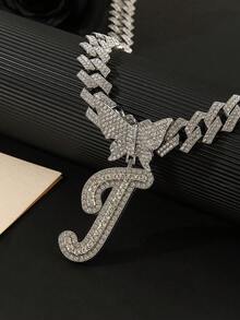 2pcs Women's Silver Necklace Set - A-Z Rhinestone Butterfly Letter Pendant Necklace & Bracelet, Diamond-Shaped Cuban Chain, Cursive Letter Jewelry - Fashion Ice Crystal Butterfly - View 37