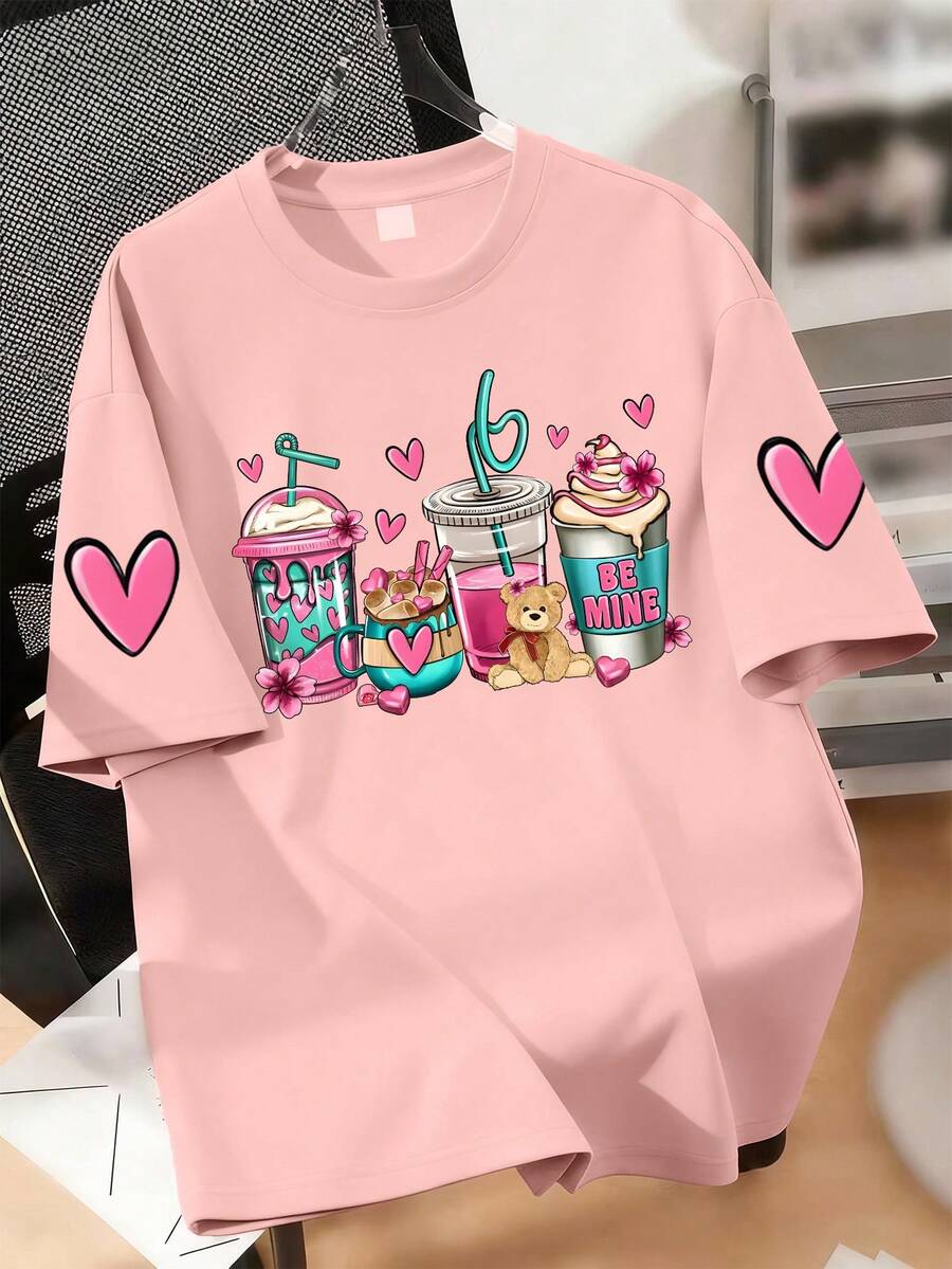 甜美甜点爱心印花圆领T恤,柔软舒适,适合青少年女孩夏季休闲穿着。 - 粉色 - 查看 1