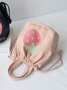 Women/Student Canvas Tote Bag, Drawstring Bucket Shoulder Bag, Multi-Function Lunch Bag - Pink - View 5