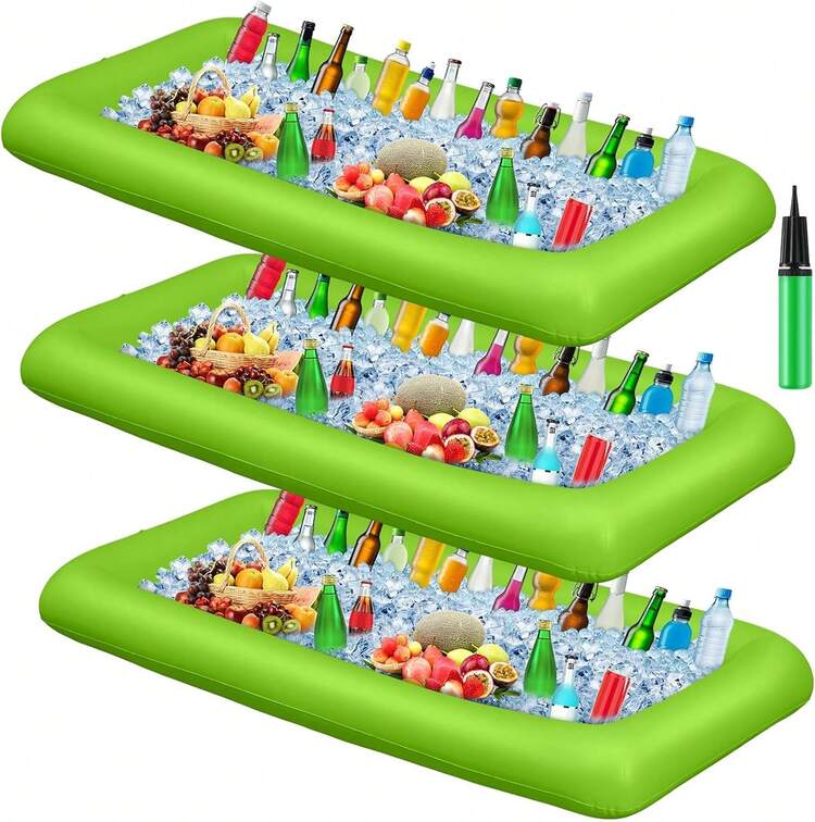3 barras inflables de 52 x 24 x 5 pulgadas, bandeja de servicio para bufé de hielo, enfriador de bebidas con tapón de drenaje, barra de piscina inflable para fiestas, alimentos y bebidas con - verde - Añade 2