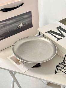 1pc Wooden Pedestal Stainless Steel Plate, Suitable For Dining Table, Restaurant, Kitchen, Party, Birthday - Vintage Silver Plate Wooden High Legs - View 5