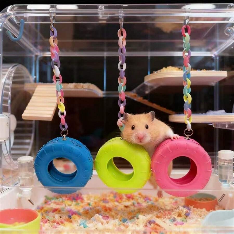 Tire Shaped Hamster Hanging Bed, With Colorful Acrylic Chain - Cage Swing And Climbing Toy For Hamsters, Mice, Squirrels - Detachable Design, No Assembly Required - Multicolor - View 1