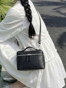 1pc Spring/Summer New PU Leather Woven Texture Square Handbag, Woven Design Dual-Zipper Closure, Fashion Minimalist Elegant Versatile Box Bag Suitable For Commuting, Office, Dating, Daily, Shopping - Black - View 5