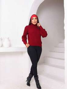 Cropped Knit High Neck Cacharrel Puff Sleeve - Red - View 5