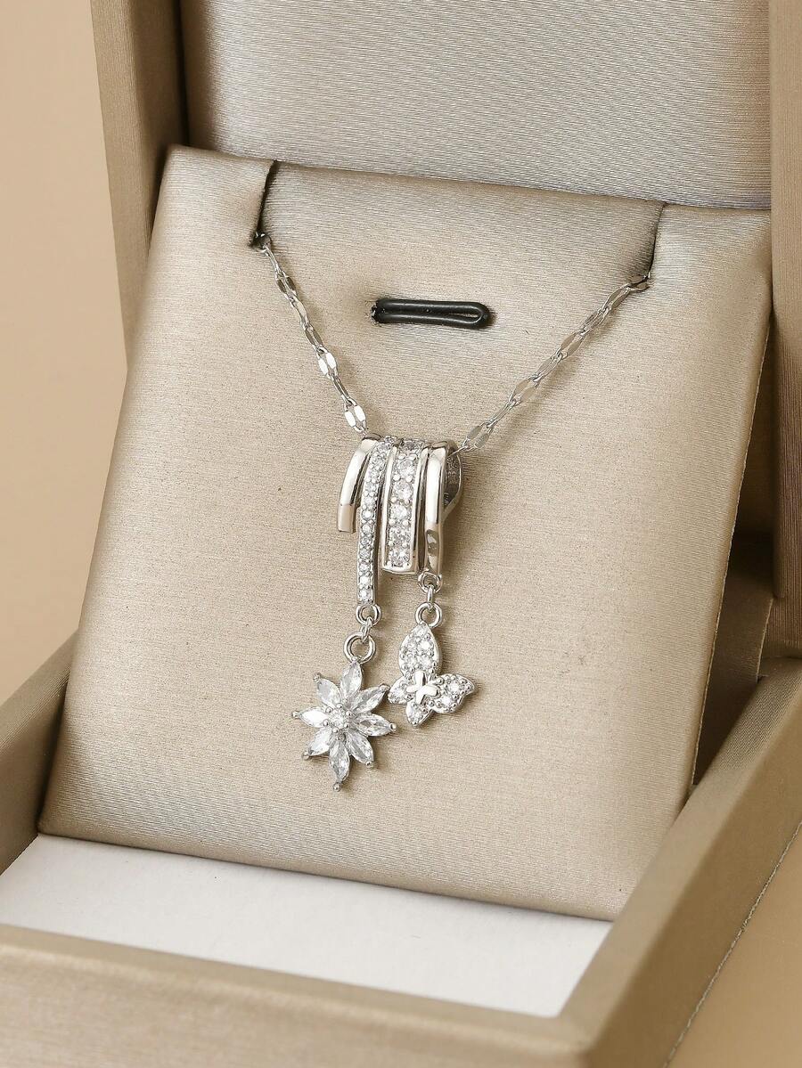 1pc Fashionable Full Rhinestone Flower & Butterfly Stainless Steel Necklace, Silver Necklace, Silver Jewelry, Women's Jewelry, Summer, Beach, Valentine's Day, Carnival, Birthday Gift, Gift For Lover - Flowers and Butterflies - View 1