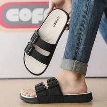 Men's Casual Slippers, Buckle Design Beach Sandals, Versatile Non-Slip Fashion Slides, Suitable For All Seasons - Black and White - View 2