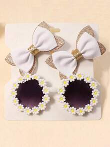 3pcs Girls Hair Accessories Set - Bow Hair Clips + Cute Flower Glasses - 白色 - 查看 4
