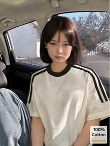 2026春夏新款短袖中长款T恤女装，时尚撞色条纹上衣 - 白色 - 查看 5