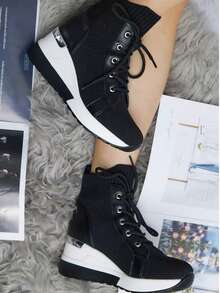 Women's Platform Lace-Up Sneakers - Black - View 1