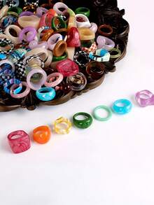 1/5/10/20/30pcs/Set Colorful Bohemian Style Round Square Geometric Resin Faux Jade Ring Set Suitable For Men And Women Holiday Party Beach Vacation Daily Wear Exquisite Holiday Gift Birthday (Random Color And Style) - Multicolor - View 4